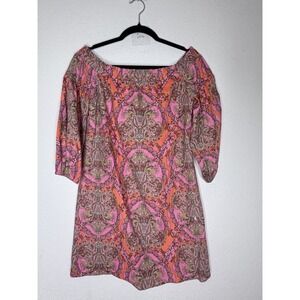Vince‎ Camuto Linen Blend Dress Size 6 Orange Pink Paisly Off Shoulder Lined